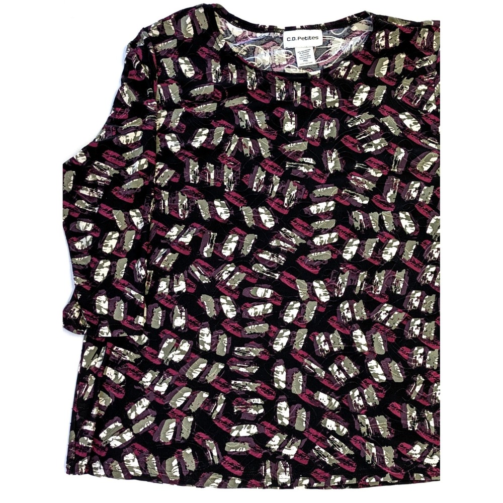 CD Petites Womens PXL Abstract Brushstroke Print 3/4 Sleeve Top Plum Sage Black